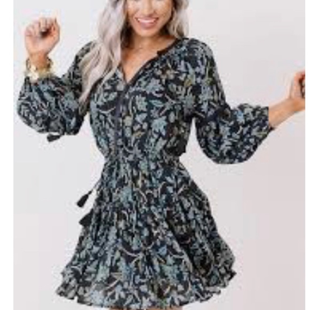 Olivaceous blue boho ruffle dress fall M